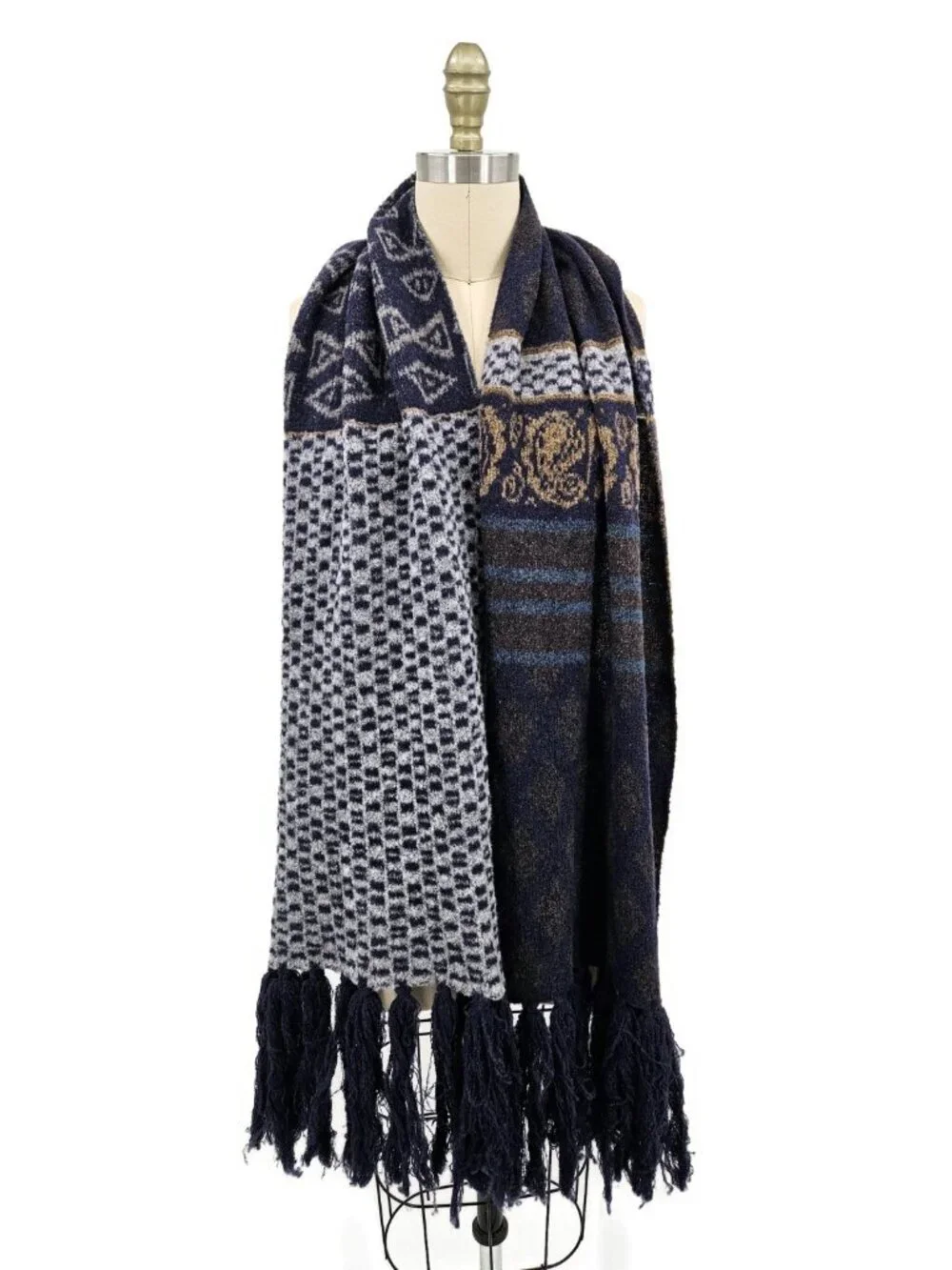 ETRO Italy Wool Blend Scarf Shawl Blue Paisley Geometric Tassel Fringe Blue Grey